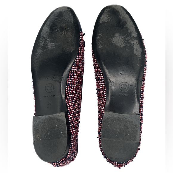 Chanel Navy Red Tweed Leather Interlocking CC Cap Toe Ballet Flats Size 38 - Picture 5 of 8